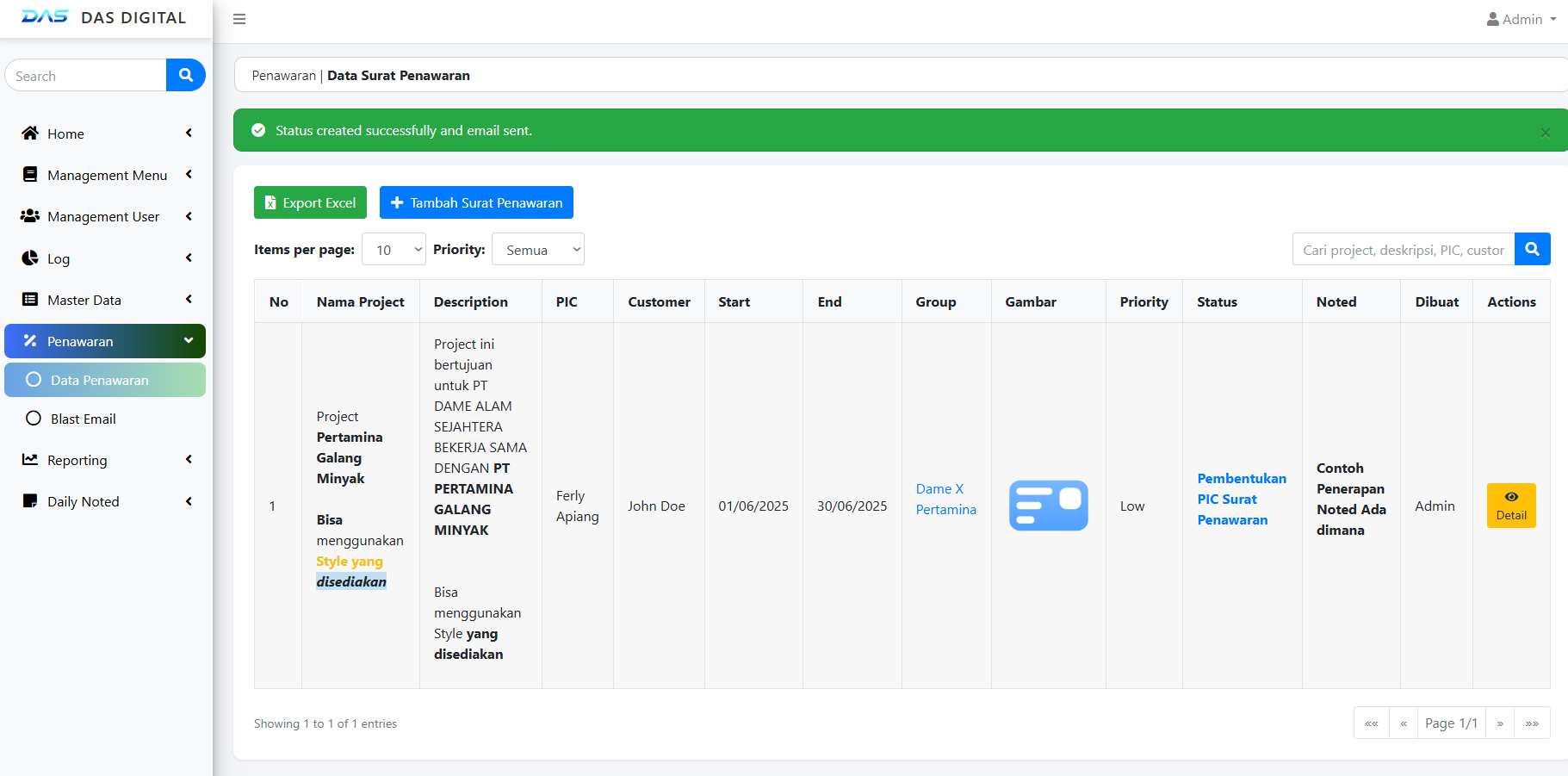 Data Penawaran di Dashboard