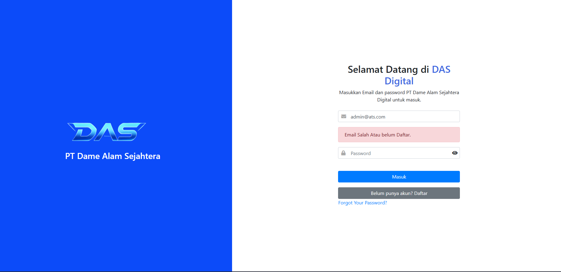 Error Email Tidak Terdaftar